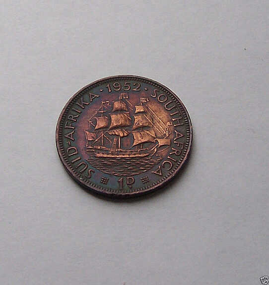 * SOUTH AFRICA * 1 Penny 1952  AMAZING TONED COIN * 1