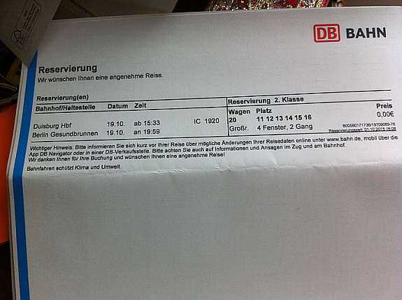 Deutsche Bahn Ticket DuisburgBerlin